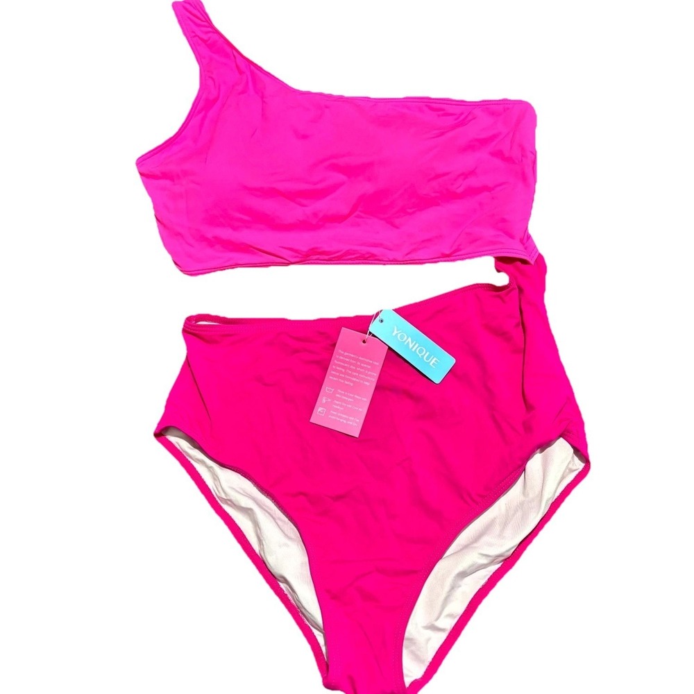Yonique‎ Cutout Monokini One Shoulder Swimsuit One Piece Womens Large Hot Pink